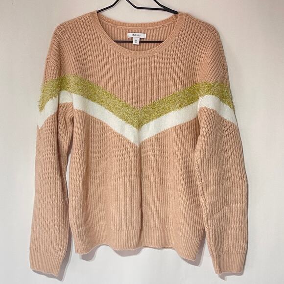 Nine West Knit Sweater Womens Medium Peach White Gold Chevron Stripe Pullover - Picture 1 of 6